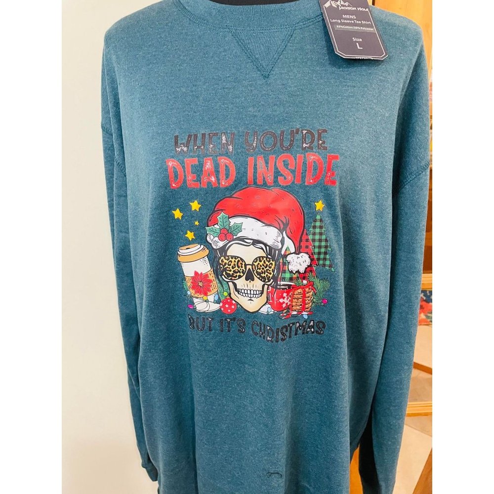 Jackson Hole NWT Dark Teal Christmas Skeleton Custom Graphic Longsleeve Size L